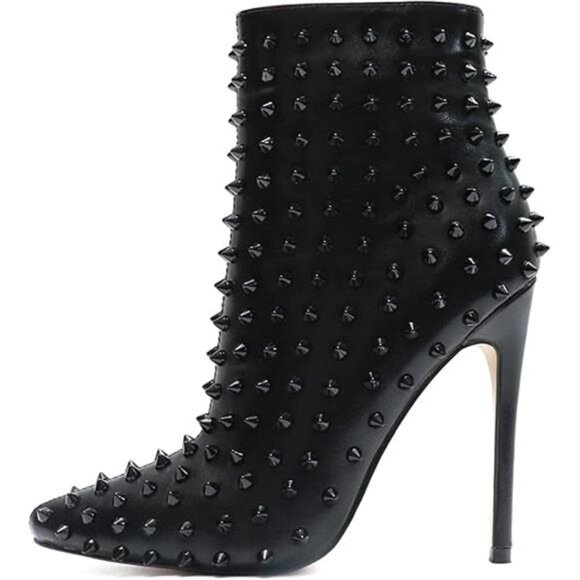 Women’s Rhinestone Black Ankle Boots Pointed Toe Stiletto Heel with Rivets - Picture 9 of 9